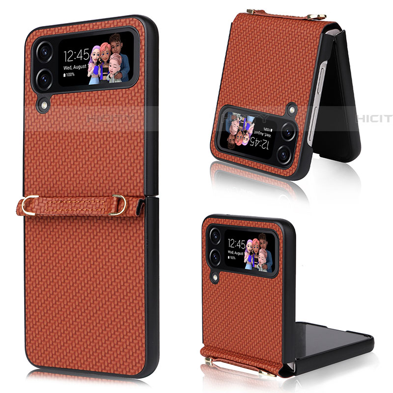 Coque Luxe Cuir et Plastique Housse Etui Mat T07 pour Samsung Galaxy Z Flip4 5G Marron Plus