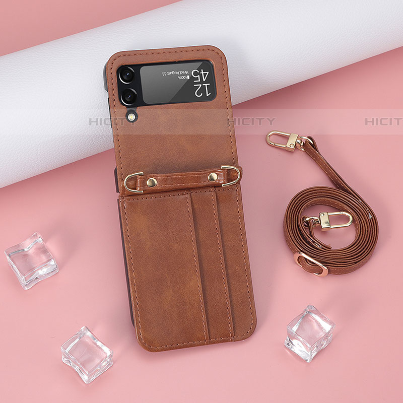 Coque Luxe Cuir et Plastique Housse Etui Mat T08 pour Samsung Galaxy Z Flip4 5G Marron Plus