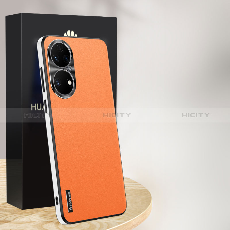 Coque Luxe Cuir Housse Etui AT1 pour Huawei P50 Orange Plus