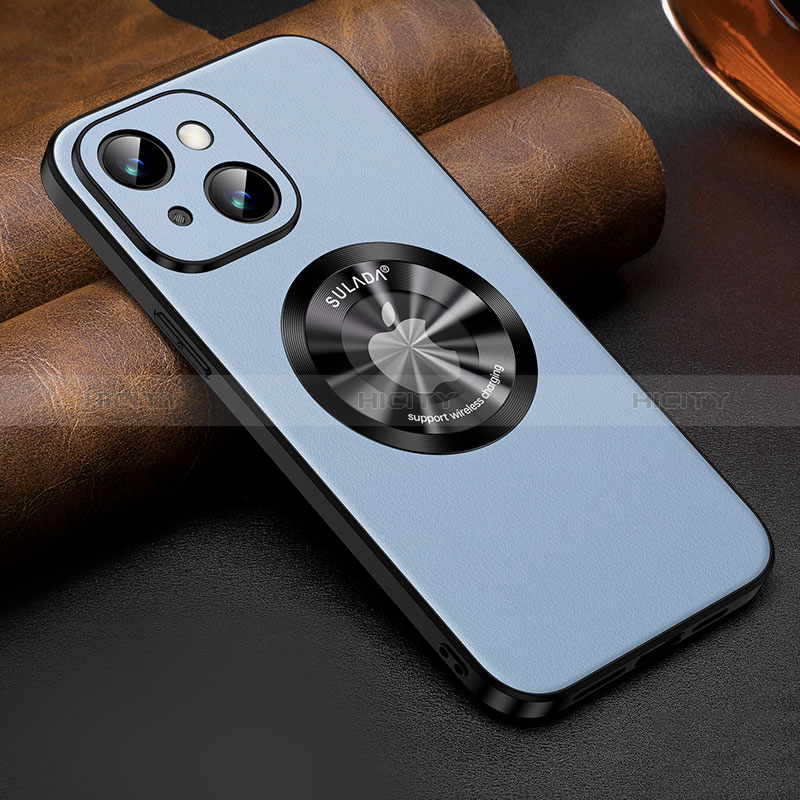 Coque Luxe Cuir Housse Etui avec Mag-Safe Magnetic Magnetique LD2 pour Apple iPhone 13 Bleu Clair Plus