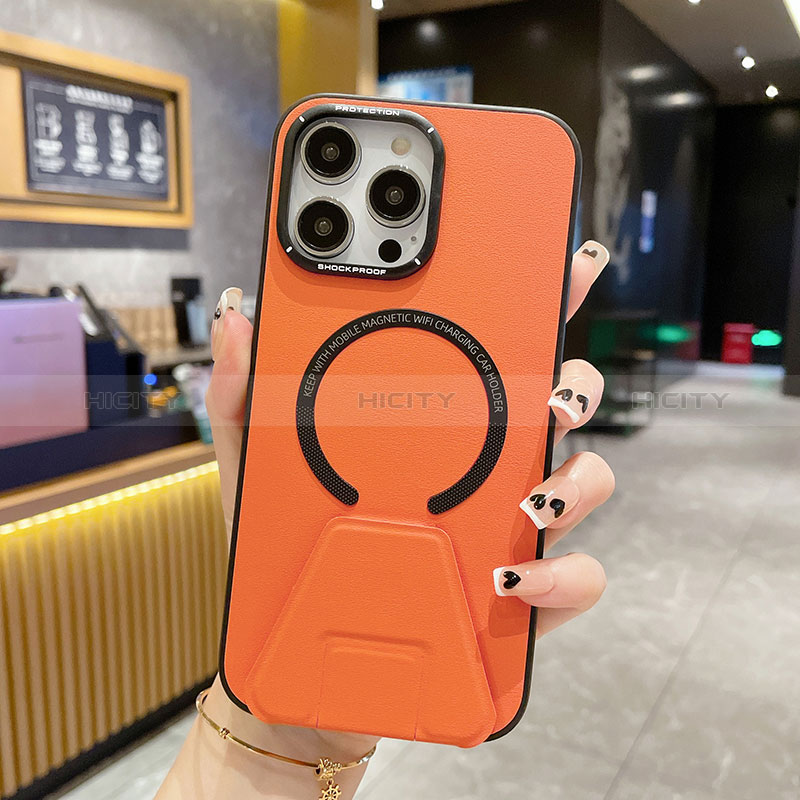 Coque Luxe Cuir Housse Etui avec Mag-Safe Magnetic Magnetique QC2 pour Apple iPhone 14 Pro Max Orange Plus