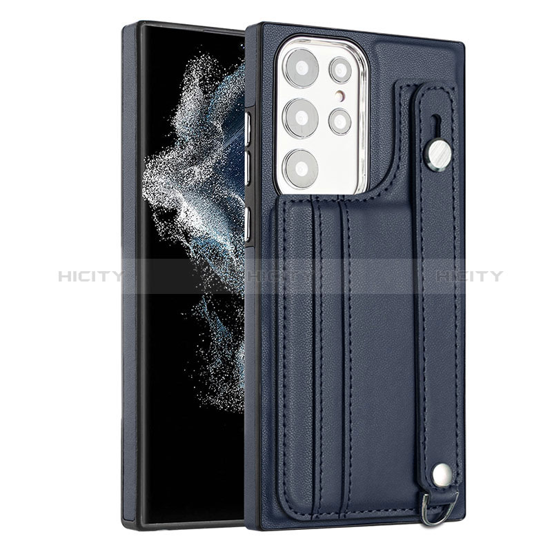 Coque Luxe Cuir Housse Etui YB4 pour Samsung Galaxy S22 Ultra 5G Bleu Plus