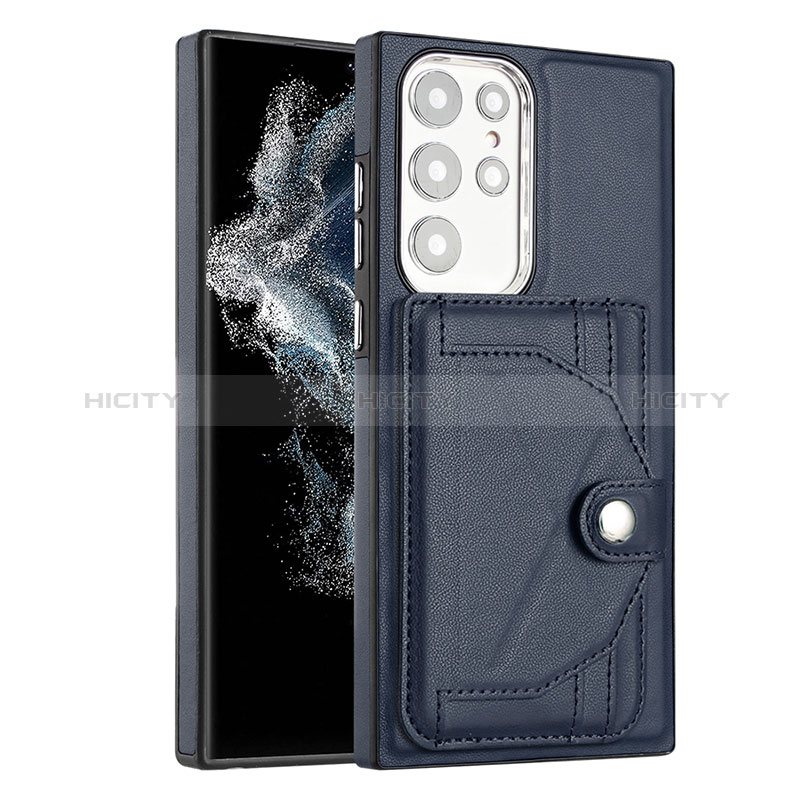 Coque Luxe Cuir Housse Etui YB5 pour Samsung Galaxy S22 Ultra 5G Bleu Plus