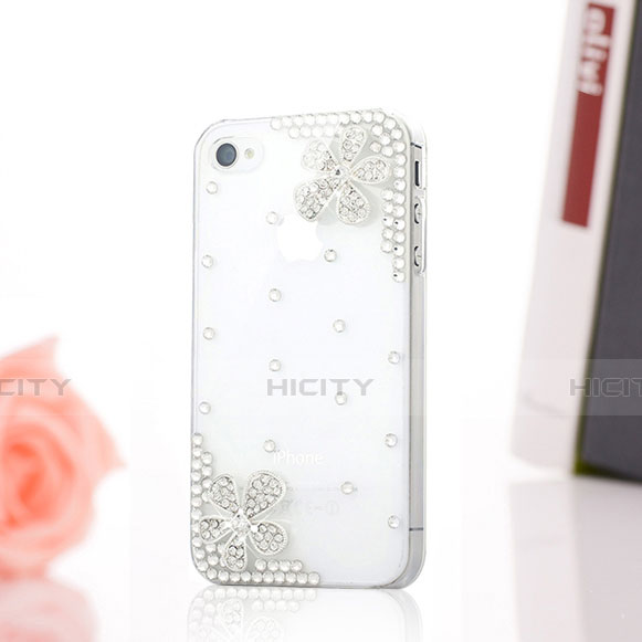 Coque Luxe Strass Diamant Bling Fleurs pour Apple iPhone 4 Blanc Plus