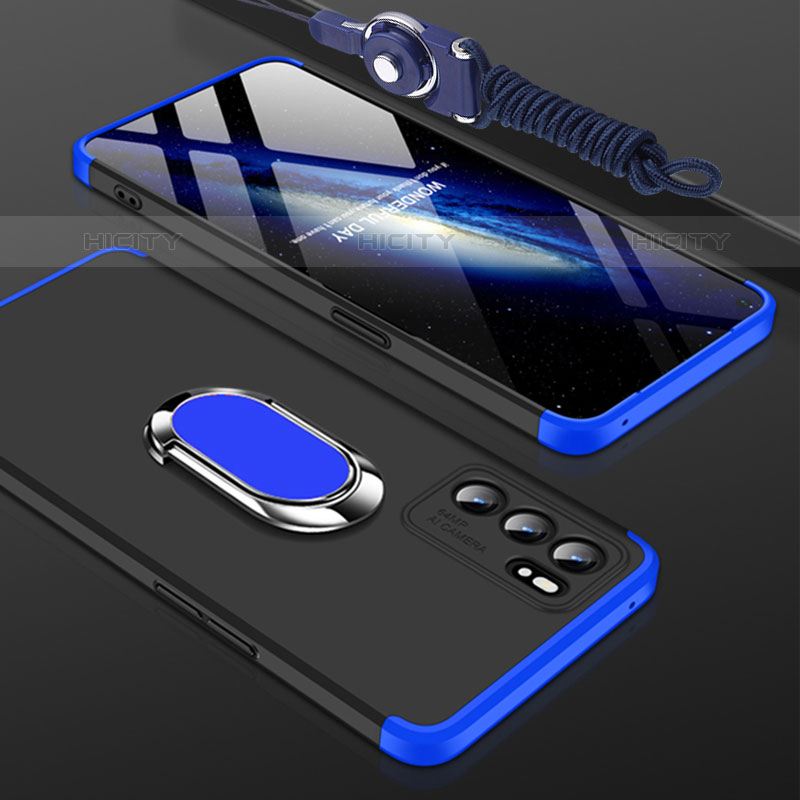 Coque Plastique Housse Etui Rigide Mat avec Support Bague Anneau Aimante Magnetique GK2 pour Oppo Reno6 Pro 5G India Bleu et Noir Plus