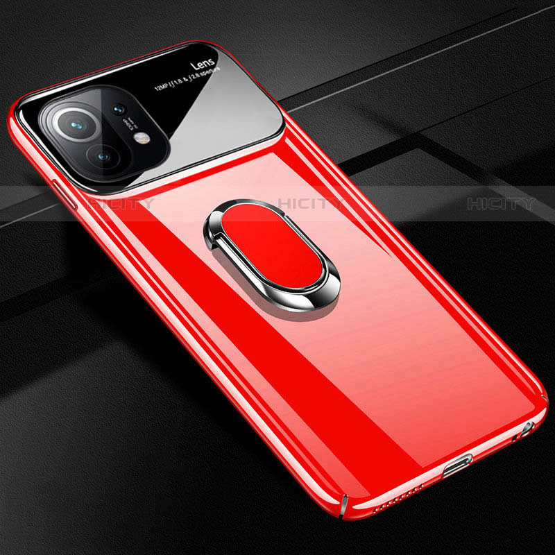 Coque Plastique Housse Etui Rigide Mat avec Support Bague Anneau Aimante Magnetique P01 pour Xiaomi Mi 11 Lite 5G Rouge Plus