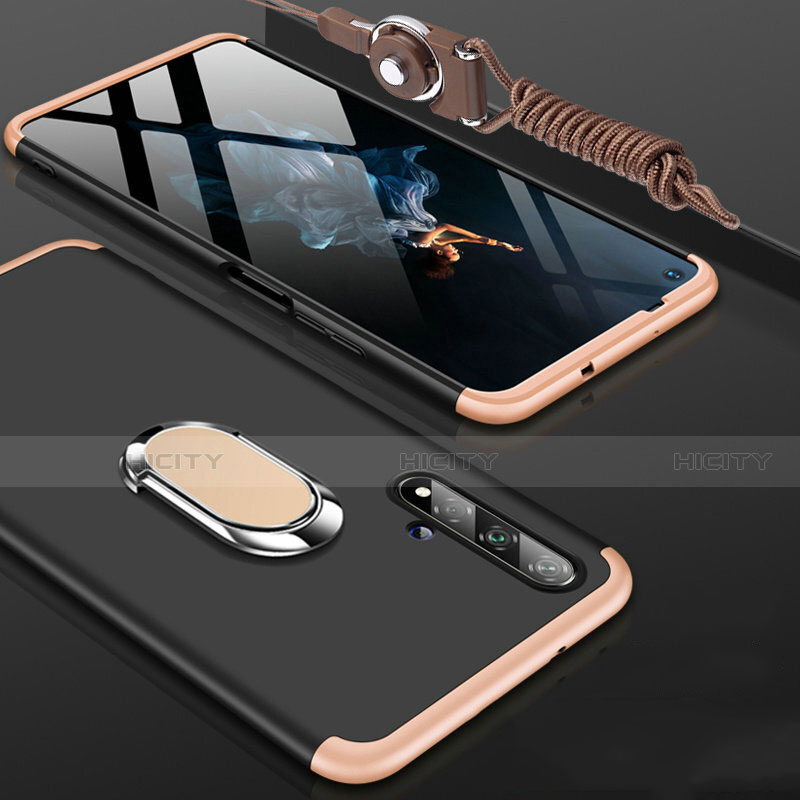 Coque Plastique Mat Protection Integrale 360 Degres Avant et Arriere Etui Housse avec Support Bague Anneau pour Huawei Honor 20 Or et Noir Plus