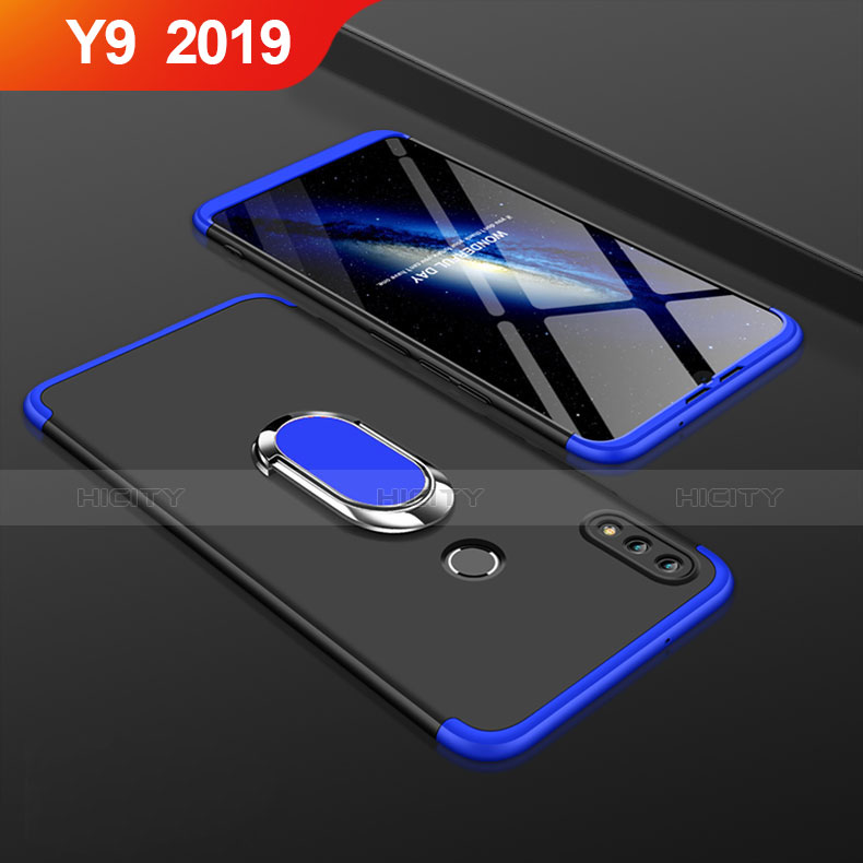 Coque Plastique Mat Protection Integrale 360 Degres Avant et Arriere Etui Housse avec Support Bague Anneau pour Huawei Y9 (2019) Bleu et Noir Plus