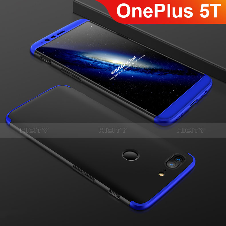 Coque Plastique Mat Protection Integrale 360 Degres Avant et Arriere Etui Housse pour OnePlus 5T A5010 Bleu et Noir Plus