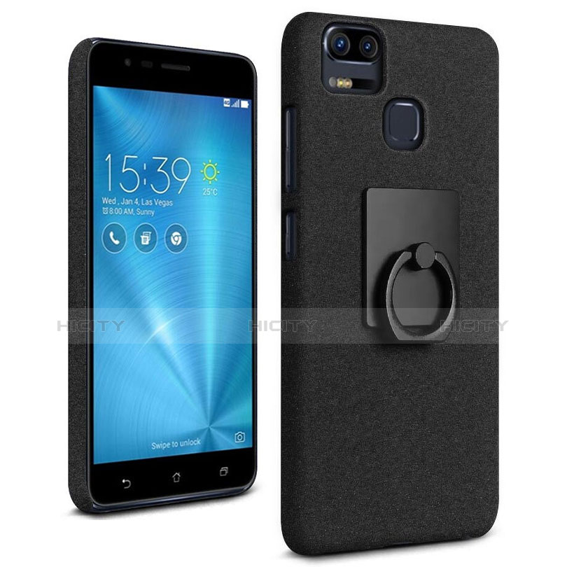 Coque Plastique Rigide Sables Mouvants et Support Bague Anneau pour Asus Zenfone 3 Zoom Noir Plus