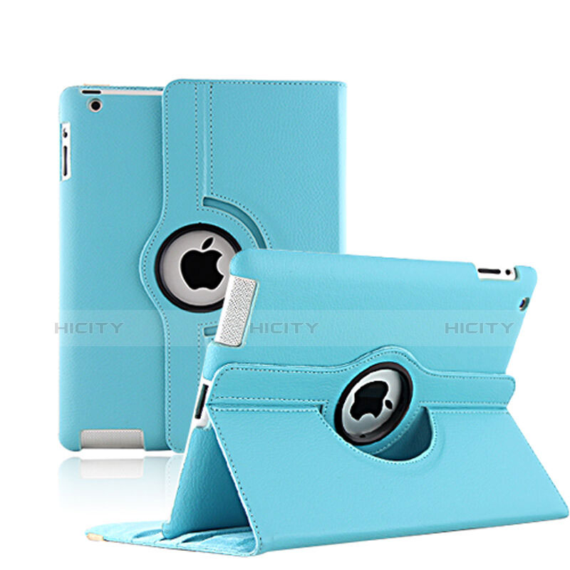 Coque Portefeuille Cuir Rotatif pour Apple iPad 3 Bleu Ciel Plus