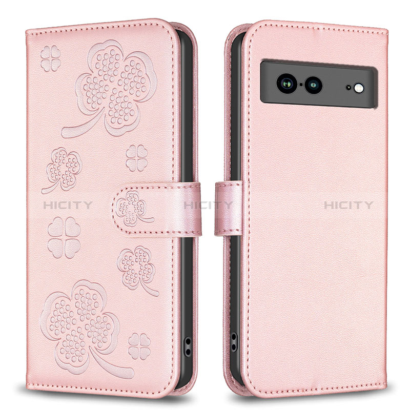 Coque Portefeuille Fleurs Livre Cuir Etui Clapet BF1 pour Google Pixel 7a 5G Or Rose Plus