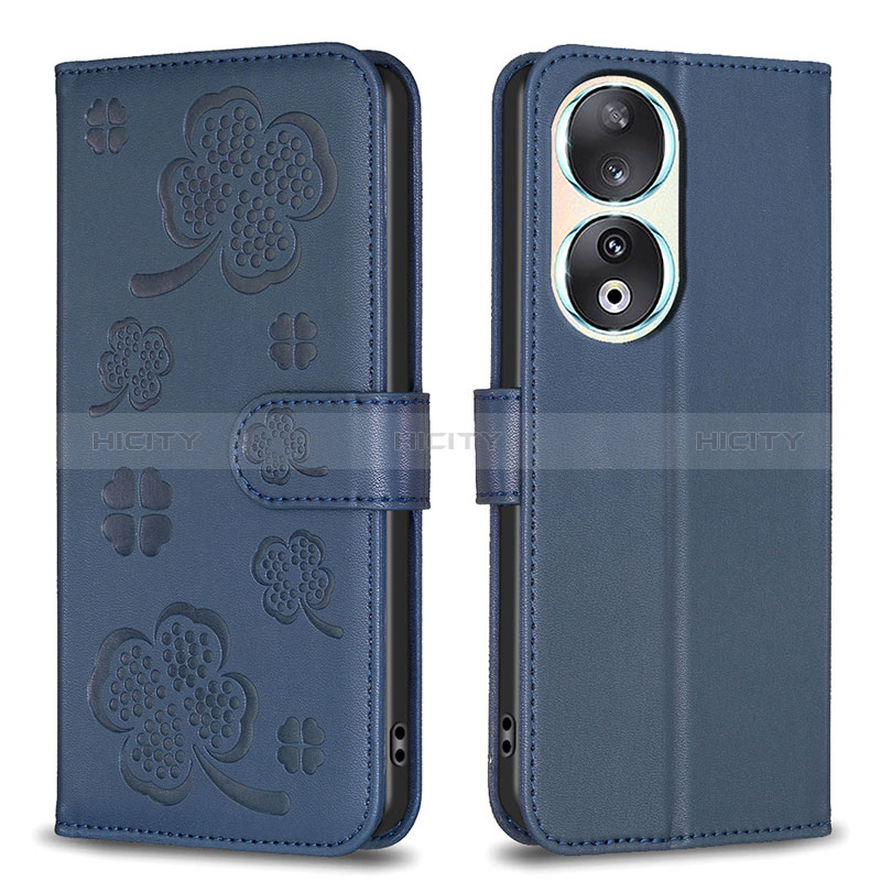 Coque Portefeuille Fleurs Livre Cuir Etui Clapet BF1 pour Huawei Honor 90 5G Bleu Plus