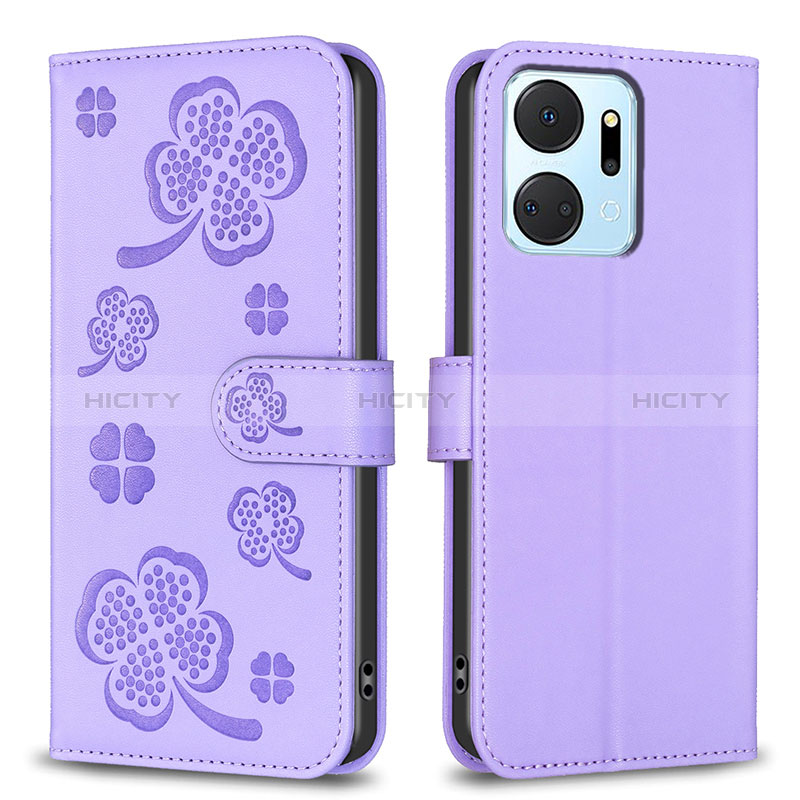 Coque Portefeuille Fleurs Livre Cuir Etui Clapet BF1 pour Huawei Honor X7a Violet Plus