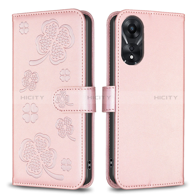 Coque Portefeuille Fleurs Livre Cuir Etui Clapet BF1 pour Oppo A58 5G Or Rose Plus