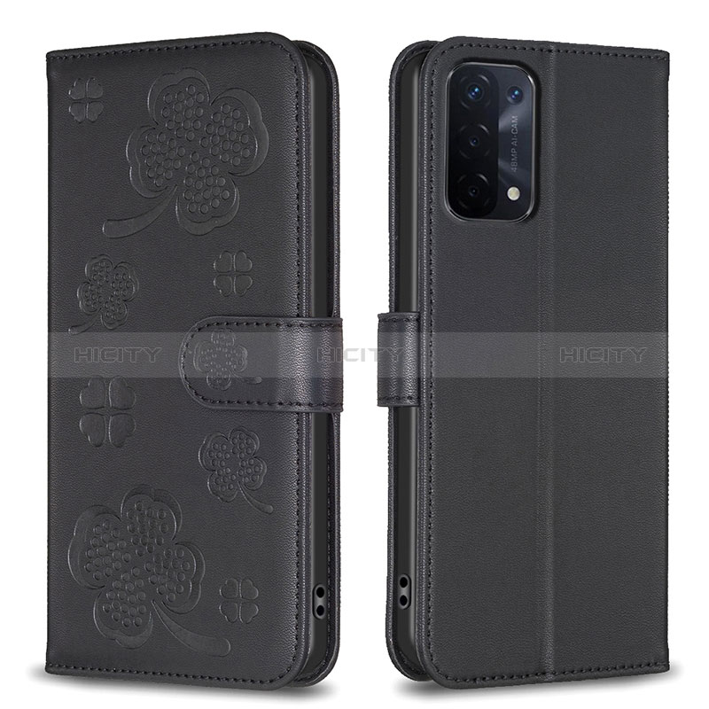 Coque Portefeuille Fleurs Livre Cuir Etui Clapet BF1 pour Oppo A74 5G Noir Plus