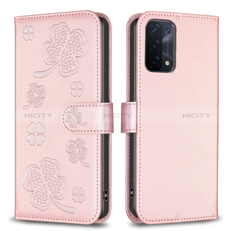 Coque Portefeuille Fleurs Livre Cuir Etui Clapet BF1 pour Oppo A74 5G Or Rose Plus