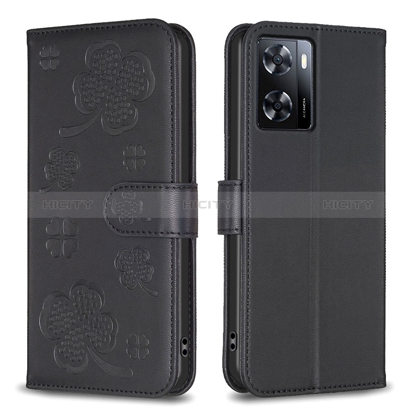 Coque Portefeuille Fleurs Livre Cuir Etui Clapet BF1 pour Oppo A77 4G Noir Plus