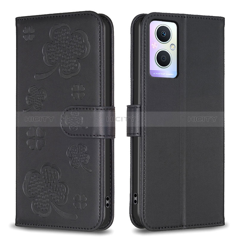 Coque Portefeuille Fleurs Livre Cuir Etui Clapet BF1 pour Oppo A96 5G Noir Plus