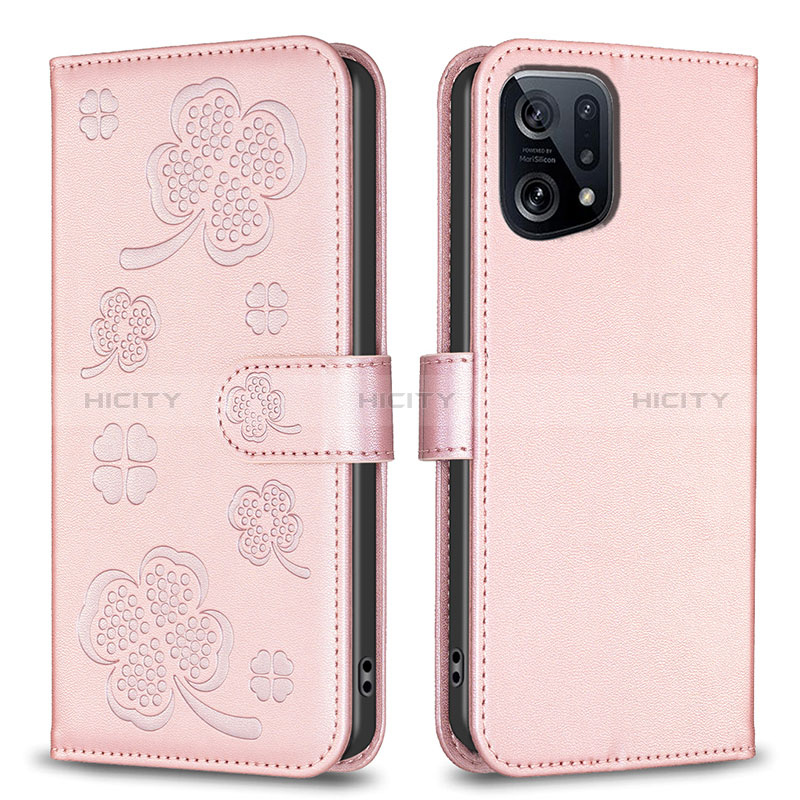 Coque Portefeuille Fleurs Livre Cuir Etui Clapet BF1 pour Oppo Find X5 5G Or Rose Plus