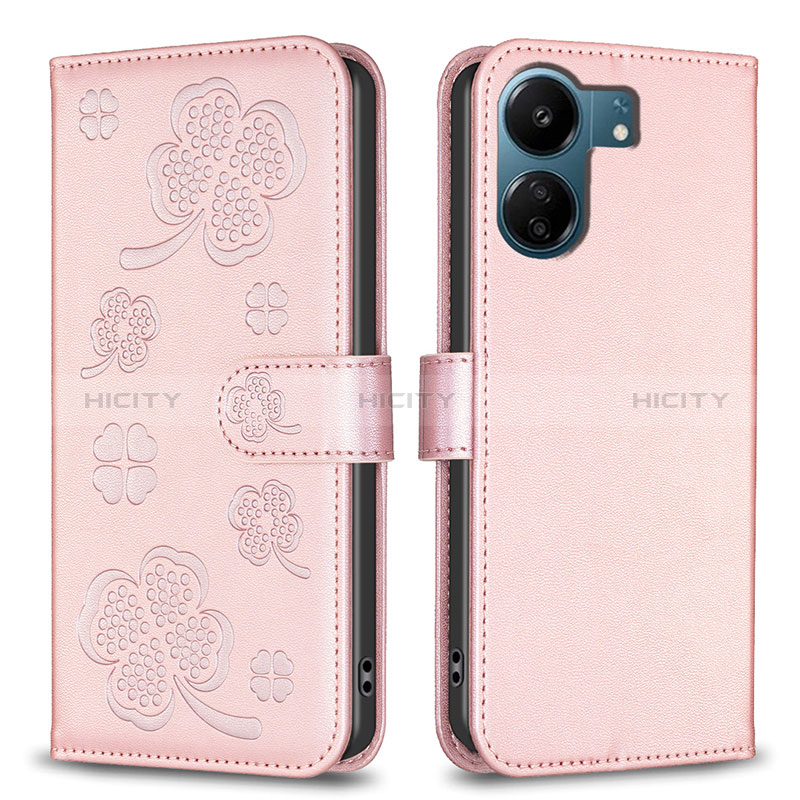 Coque Portefeuille Fleurs Livre Cuir Etui Clapet BF1 pour Xiaomi Poco C65 Or Rose Plus