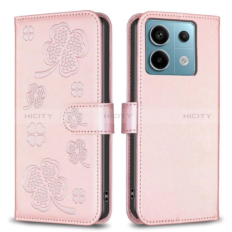 Coque Portefeuille Fleurs Livre Cuir Etui Clapet BF1 pour Xiaomi Redmi Note 13 Pro 5G Or Rose Plus