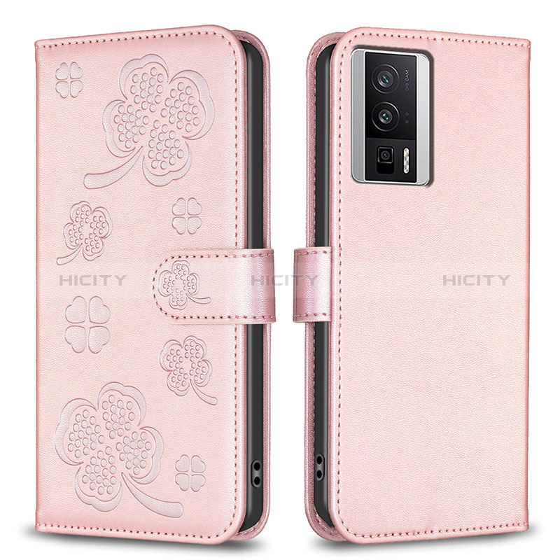 Coque Portefeuille Fleurs Livre Cuir Etui Clapet BF2 pour Xiaomi Redmi K60 5G Or Rose Plus