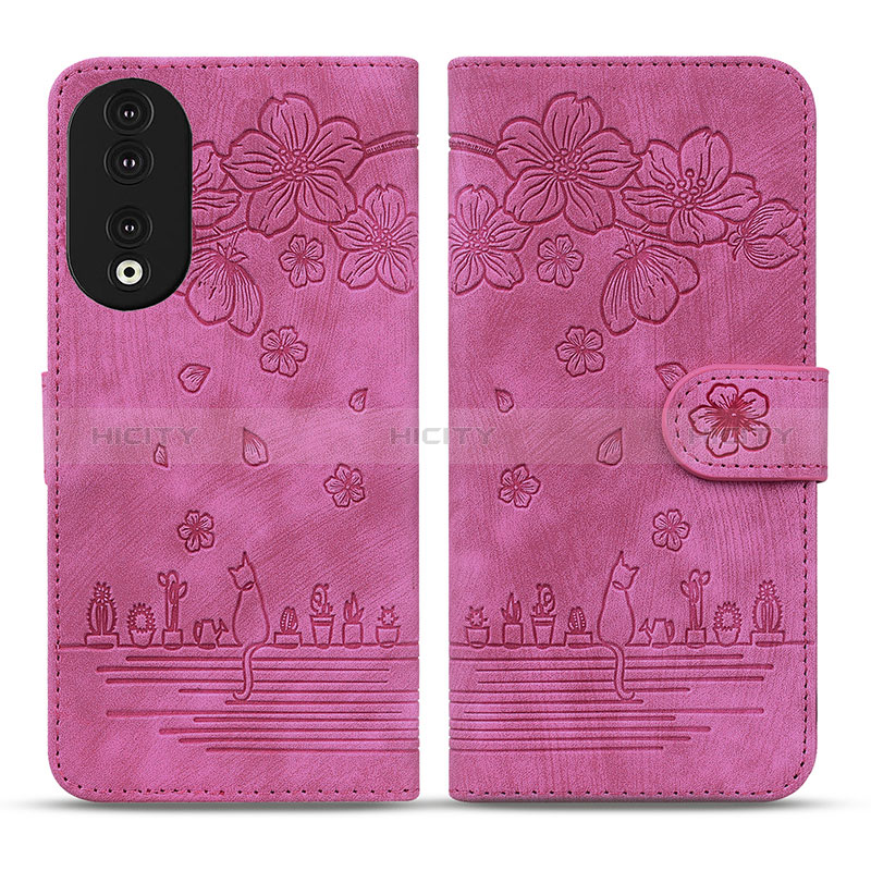 Coque Portefeuille Fleurs Livre Cuir Etui Clapet HF1 pour Huawei Honor 90 5G Rose Rouge Plus