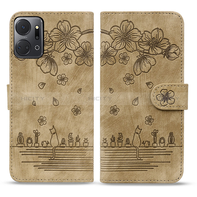 Coque Portefeuille Fleurs Livre Cuir Etui Clapet HF2 pour Huawei Honor X7a Marron Plus