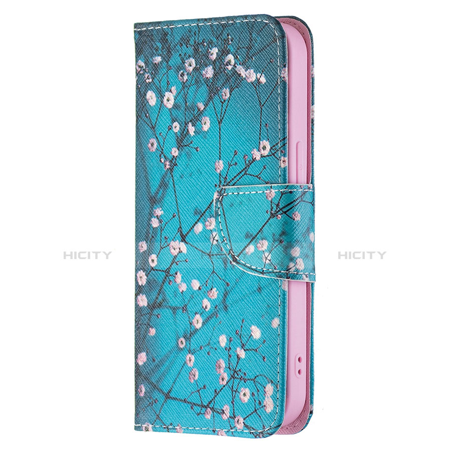 Coque Portefeuille Fleurs Livre Cuir Etui Clapet L01 pour Apple iPhone 13 Cyan Plus