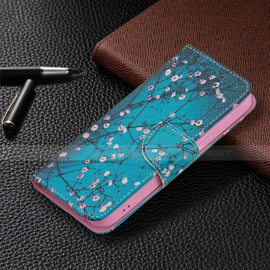 Coque Portefeuille Fleurs Livre Cuir Etui Clapet L01 pour Apple iPhone 13 Cyan Plus