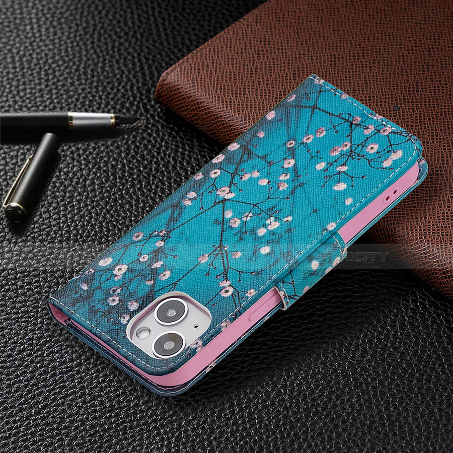 Coque Portefeuille Fleurs Livre Cuir Etui Clapet L01 pour Apple iPhone 13 Cyan Plus