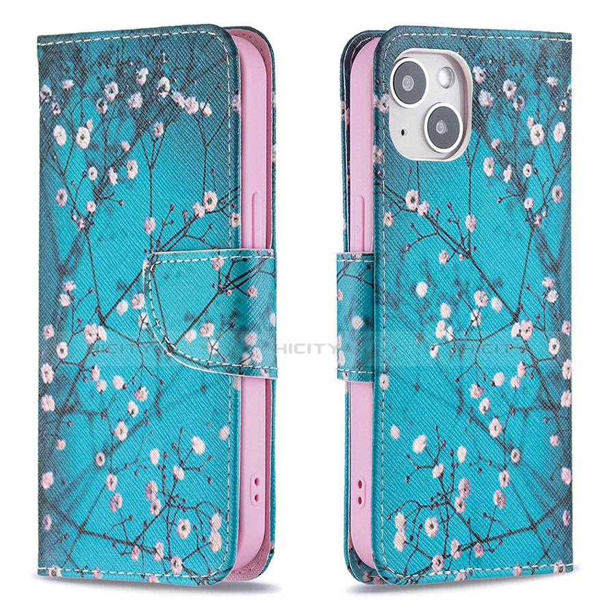 Coque Portefeuille Fleurs Livre Cuir Etui Clapet L01 pour Apple iPhone 13 Mini Cyan Plus