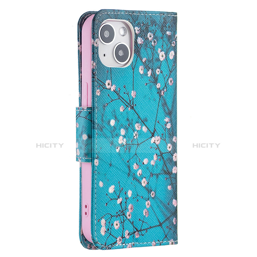 Coque Portefeuille Fleurs Livre Cuir Etui Clapet L01 pour Apple iPhone 13 Mini Cyan Plus