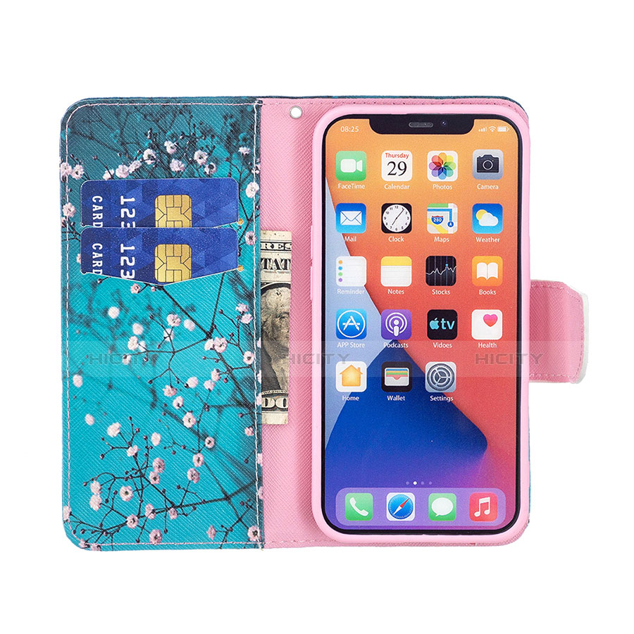 Coque Portefeuille Fleurs Livre Cuir Etui Clapet L01 pour Apple iPhone 13 Mini Cyan Plus