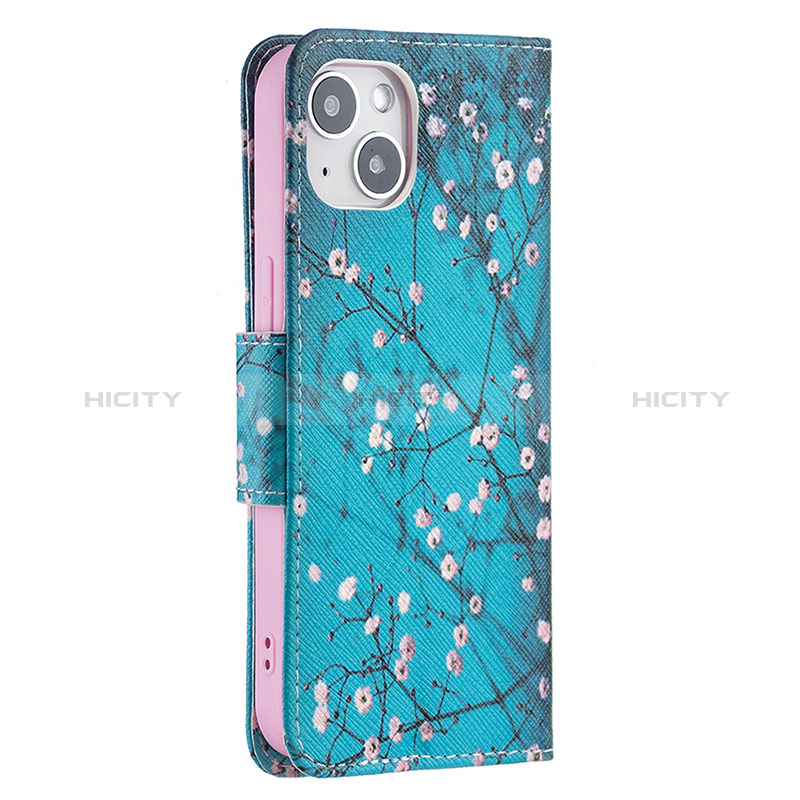 Coque Portefeuille Fleurs Livre Cuir Etui Clapet L01 pour Apple iPhone 15 Plus Cyan Plus