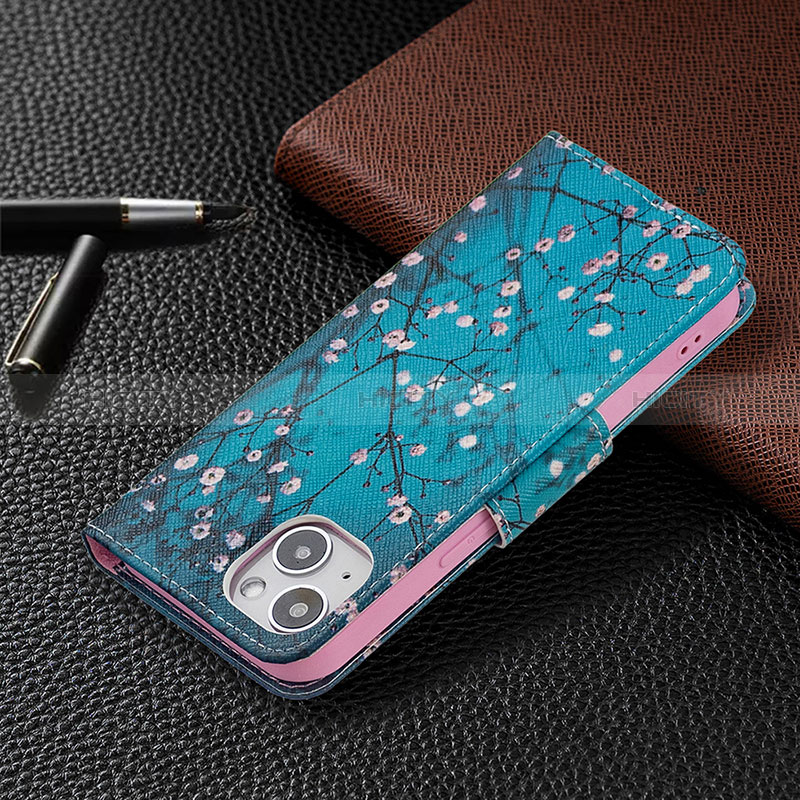 Coque Portefeuille Fleurs Livre Cuir Etui Clapet L01 pour Apple iPhone 15 Plus Cyan Plus