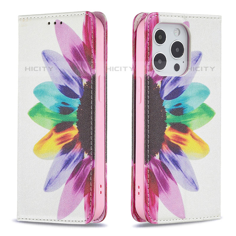 Coque Portefeuille Fleurs Livre Cuir Etui Clapet L01 pour Apple iPhone 15 Pro Rose Plus