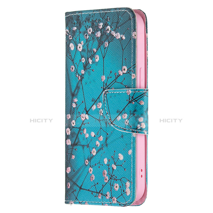 Coque Portefeuille Fleurs Livre Cuir Etui Clapet L02 pour Apple iPhone 13 Pro Cyan Plus