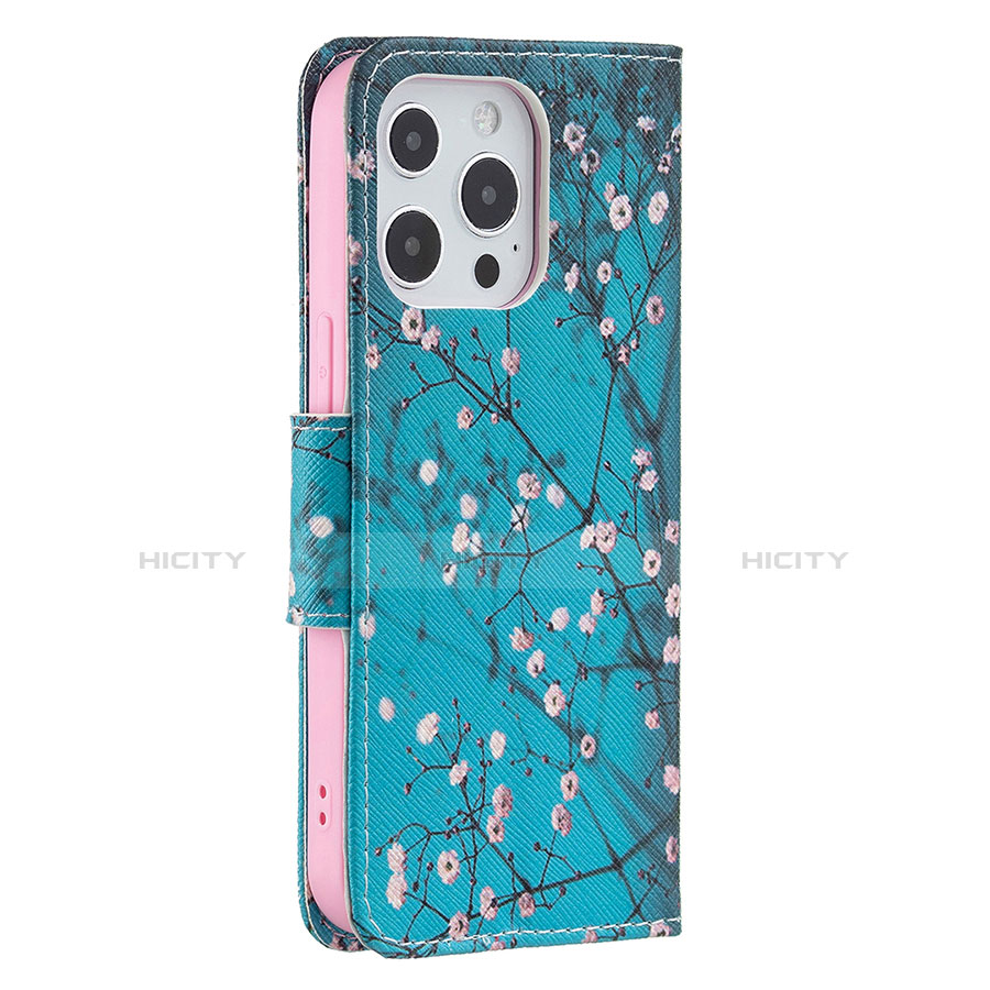 Coque Portefeuille Fleurs Livre Cuir Etui Clapet L02 pour Apple iPhone 13 Pro Cyan Plus