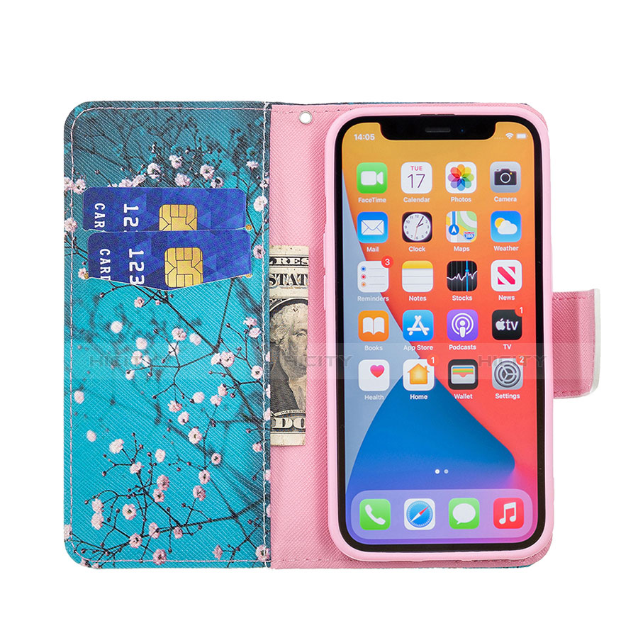 Coque Portefeuille Fleurs Livre Cuir Etui Clapet L02 pour Apple iPhone 13 Pro Cyan Plus