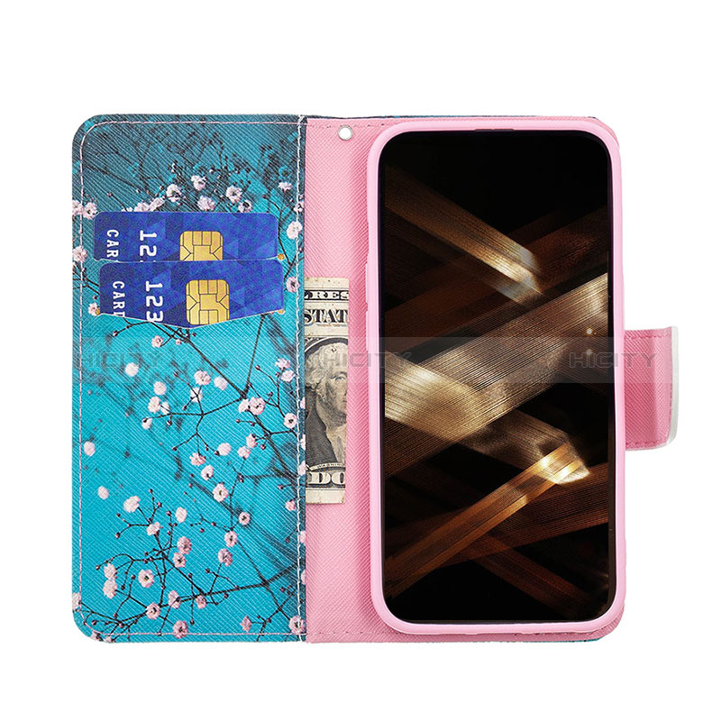 Coque Portefeuille Fleurs Livre Cuir Etui Clapet L02 pour Apple iPhone 14 Pro Max Cyan Plus