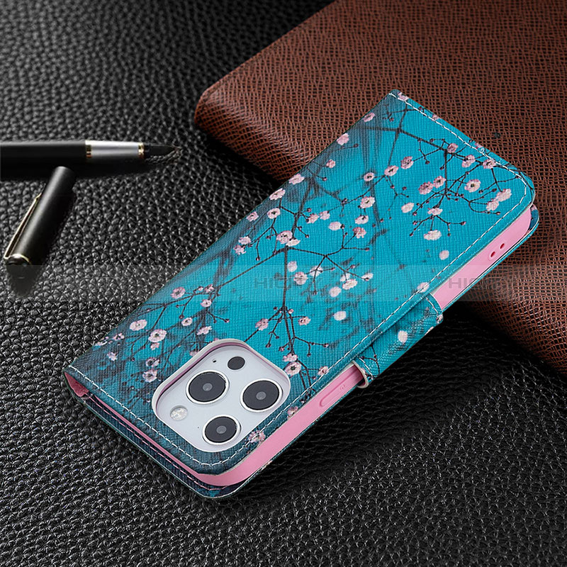 Coque Portefeuille Fleurs Livre Cuir Etui Clapet L02 pour Apple iPhone 14 Pro Max Cyan Plus