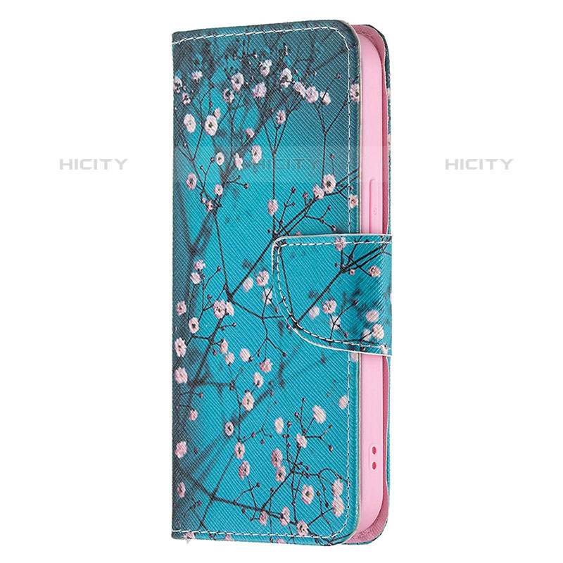 Coque Portefeuille Fleurs Livre Cuir Etui Clapet L02 pour Apple iPhone 15 Pro Max Cyan Plus