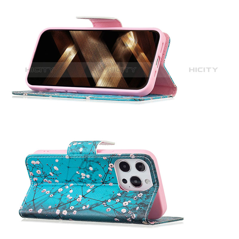 Coque Portefeuille Fleurs Livre Cuir Etui Clapet L02 pour Apple iPhone 15 Pro Max Cyan Plus