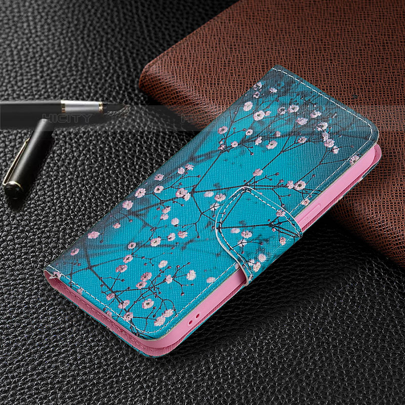 Coque Portefeuille Fleurs Livre Cuir Etui Clapet L02 pour Apple iPhone 15 Pro Max Cyan Plus