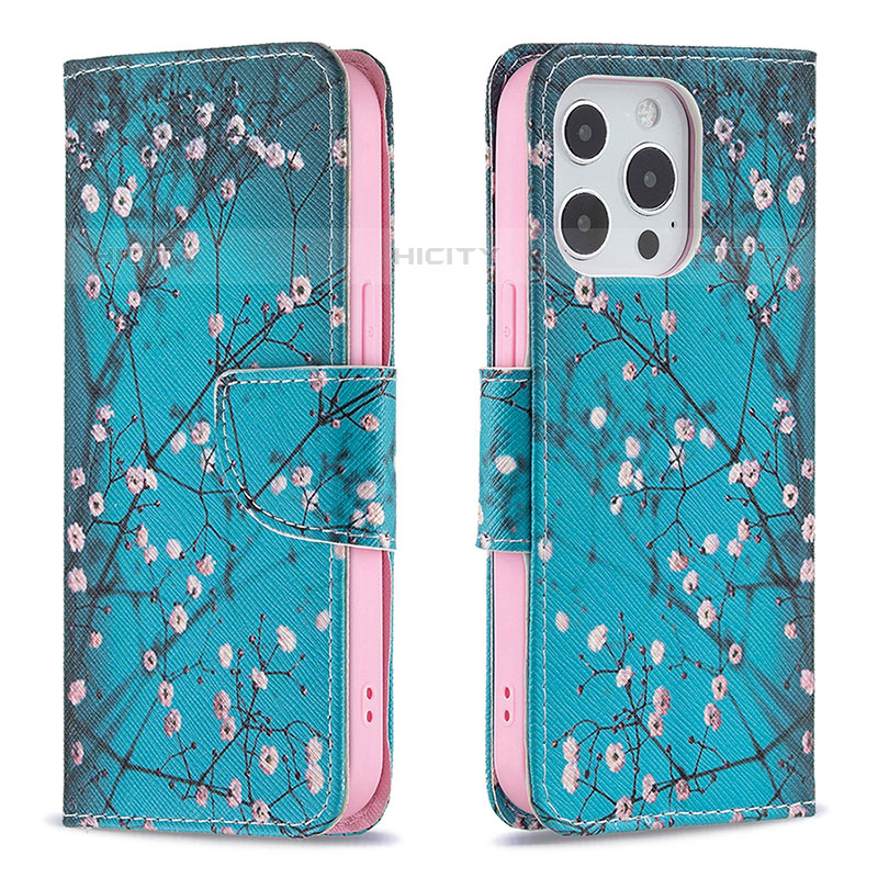 Coque Portefeuille Fleurs Livre Cuir Etui Clapet L02 pour Apple iPhone 16 Pro Max Cyan Plus