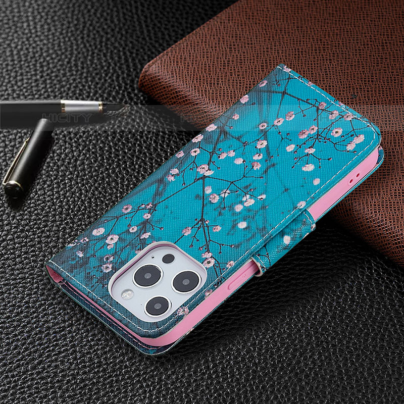 Coque Portefeuille Fleurs Livre Cuir Etui Clapet L02 pour Apple iPhone 16 Pro Max Cyan Plus