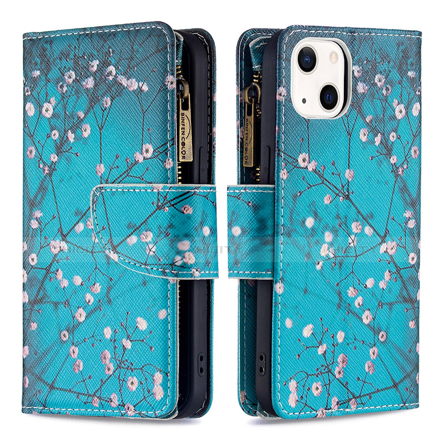 Coque Portefeuille Fleurs Livre Cuir Etui Clapet L03 pour Apple iPhone 13 Cyan Plus