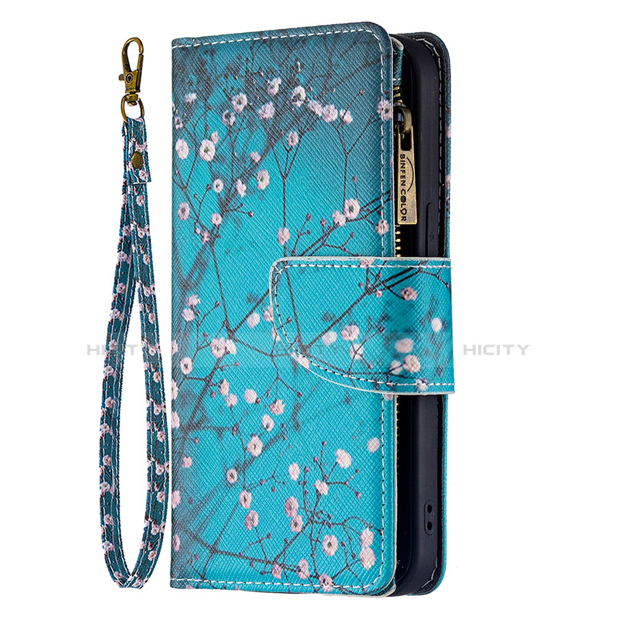 Coque Portefeuille Fleurs Livre Cuir Etui Clapet L03 pour Apple iPhone 13 Cyan Plus